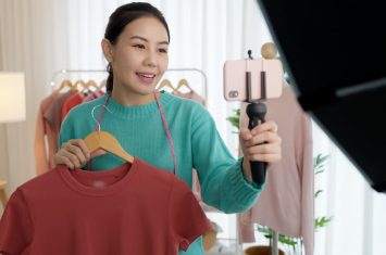 Tiktoker showing off a red shirt while holding her phone on a stick on the other hand