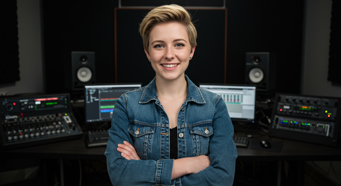 women with short blonde hair in an audio production studio