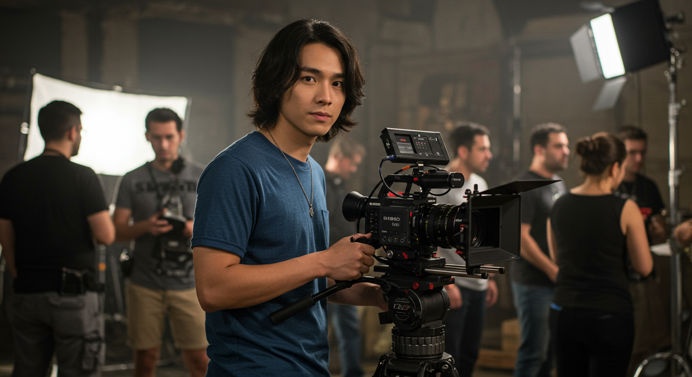 male director with a film camera on a set of movie with a crew