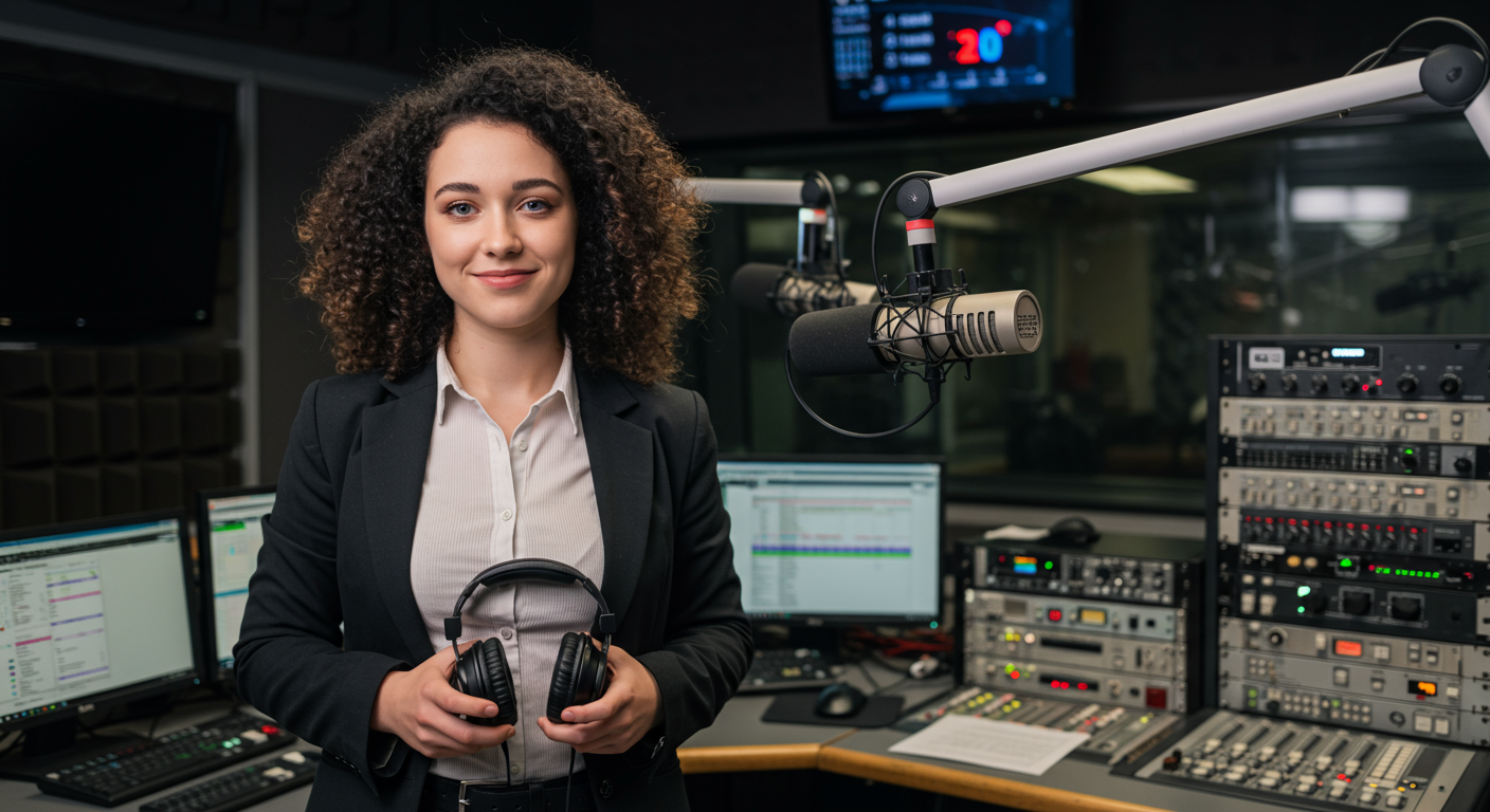 women in a radio studio room with a headset and microphone