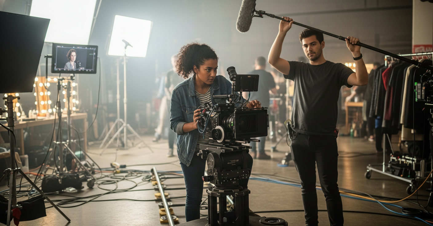 A film crew works on set. A woman operates a professional video camera on a tripod while a man beside her holds a boom microphone overhead. Bright studio lights and various production equipment surround them in a busy studio environment.