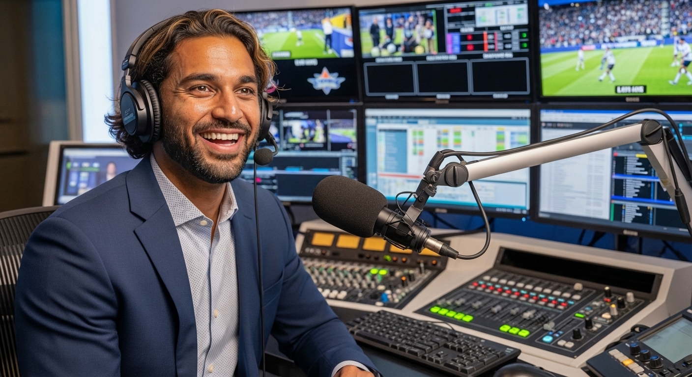 Sports broadcaster speaking into a microphone in a production studio with multiple screens showing live sports footage.