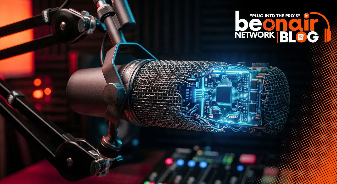 Student using AI-assisted audio production software inside a broadcasting studio at Beonair Network of Media Schools.
